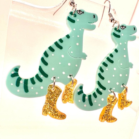 Dinosaurs With Gold Boots Earrings - Dinosaur Earrings - Trending Earrings - Picture 4 of 8